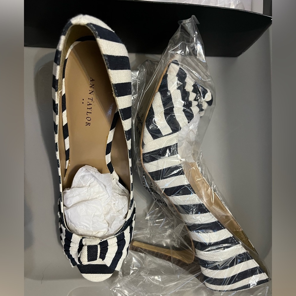 Ann Taylor dark navy canvas stripe peep toe heels size 10. Never worn.